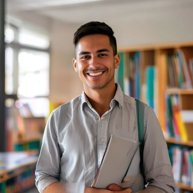 Docente del Magisterio sonriendo en su salón de clases