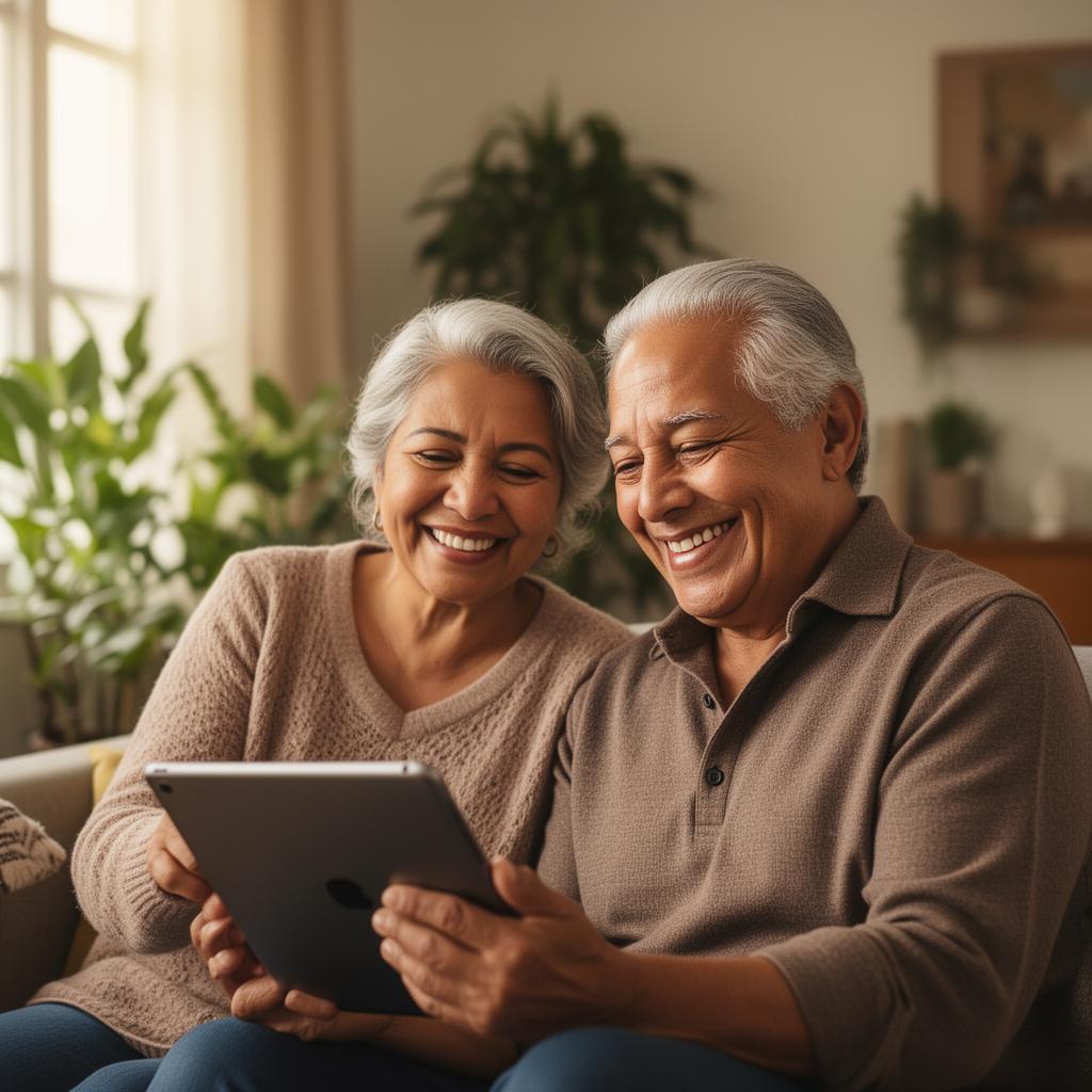 Pareja de pensionados sonriendo mientras consultan su solicitud de crédito en una tablet